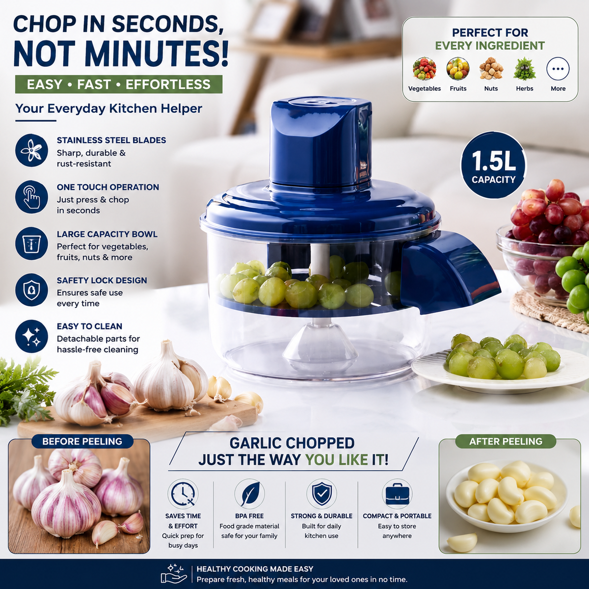 EasyPeel™ Electric Garlic & Grape Peeler – Automatic Kitchen Peeling Machine