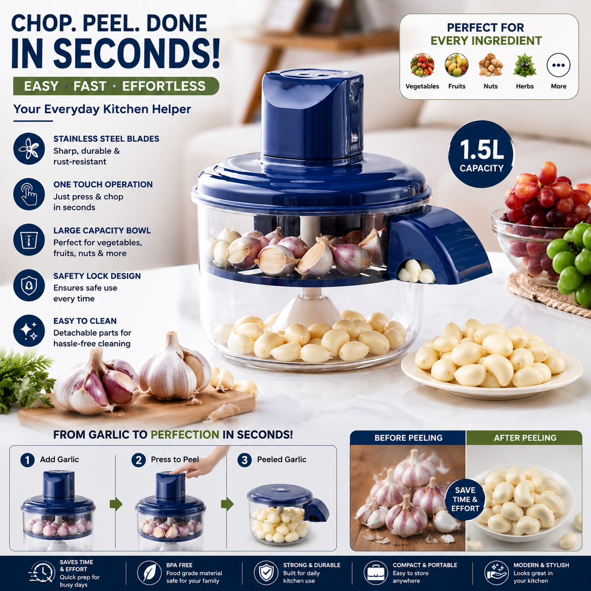 EasyPeel™ Electric Garlic & Grape Peeler – Automatic Kitchen Peeling Machine