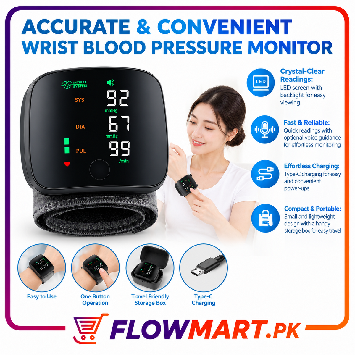 (Free Delivery)Rechargeable Wrist BP Monitor – Digital LED Display & Voice Broadcast